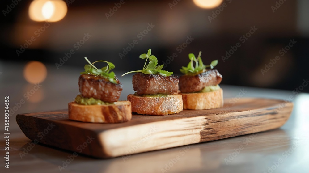 Aufkleber wooden serving board with three small appetizers on it. the appetizers are made of toasted bread and