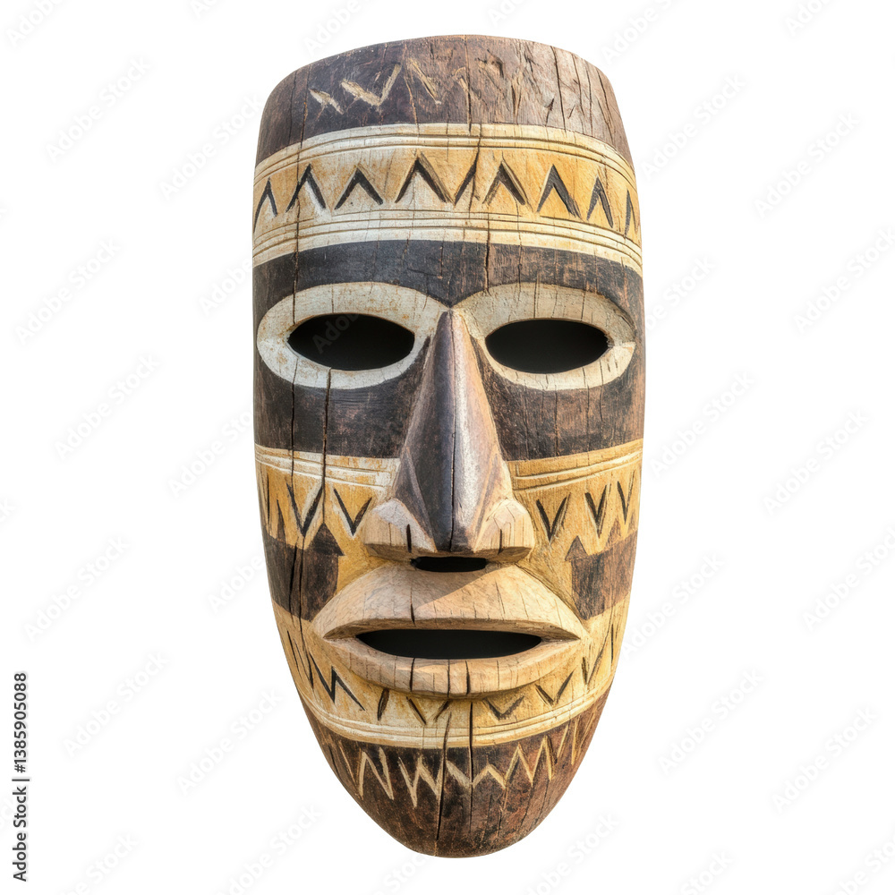 Poster intricately carved wooden mask displaying unique patterns and textures perfect for cultural decor or