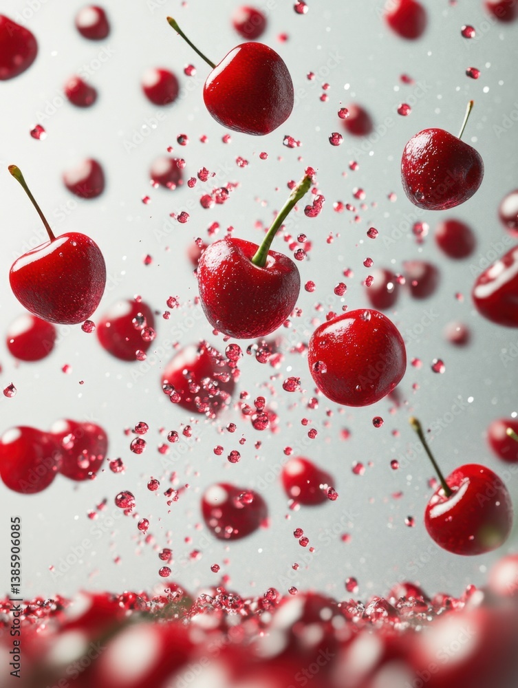 Poster fresh cherries suspended in air with water droplets creating a dynamic and refreshing visual experie