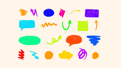 Vintage sketch collection of lines, arrows, brush textures, thought icons, and text frames. Fun, imperfect, naive style inspired by kindergarten art — perfect for quotes, notes, and playful layouts