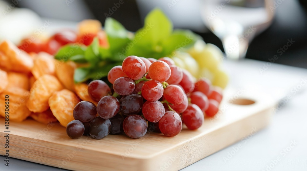 Aufkleber wooden cutting board with a bunch of red grapes on it. the grapes are clustered together in the cent