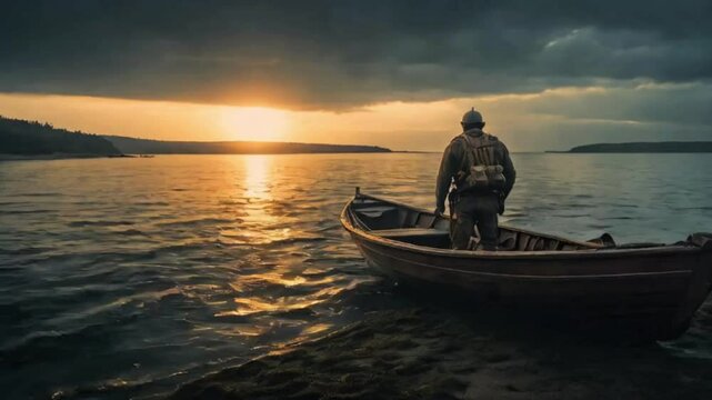 A man standing confidently on boat looking into the sea with determination
