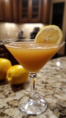 Fototapeta premium Elegant lemon drop martini cocktail presentation with fresh lemon slice garnish on a granite countertop in warm lighting