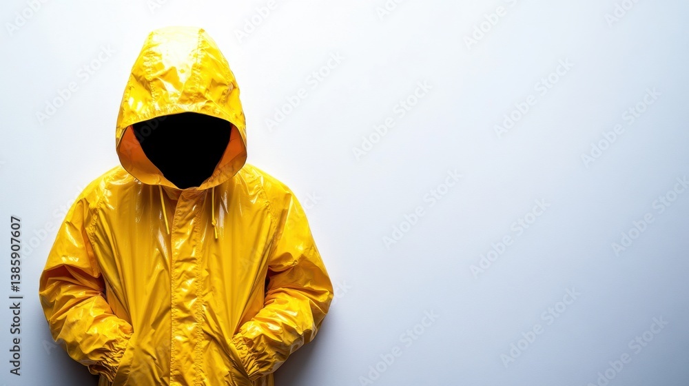 Aufkleber person in bright yellow raincoat with hood up against a light background creating a mysterious and m