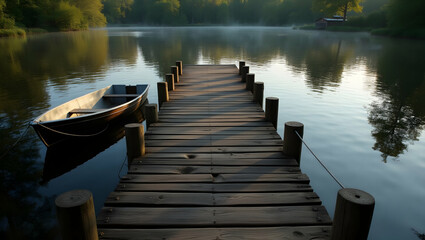 Naklejka premium A Tranquil Lakeside Scene, Wooden Dock and Rowboat Beckon on a Misty Morning, Evoking Serenity and the Promise of Peaceful Exploration on Calm Waters at Daybreak
