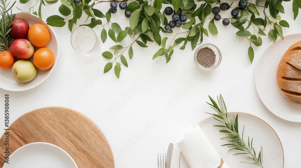 Aufkleber flat lay of a table setting with a white background. on the left side of the image, there is a white