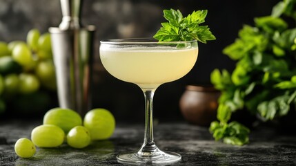 Refreshing cocktail in coupe glass with green grapes and basil garnish on dark surface studio shot