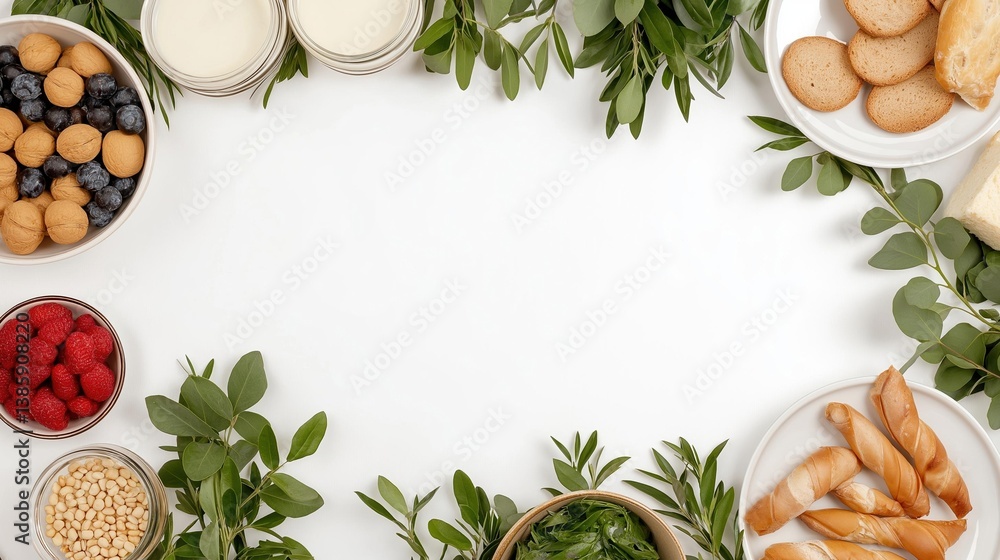 Poster flat lay of various food items arranged in a circular pattern on a white background. on the left sid