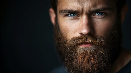 Obraz premium Close-up portrait of a serious bearded man with blue eyes posing on a dark background