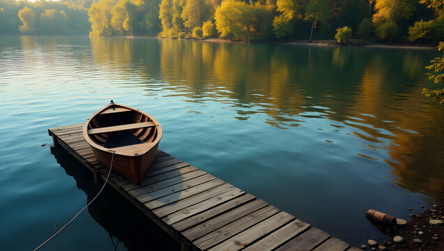 A serene river scene featuring a wooden dock with a classic rowboat gently tied, the tranquil water mirroring the autumnal foliage, painting a vivid tableau of calm and nature's beauty