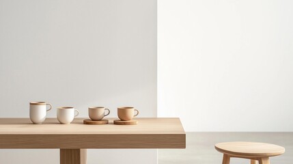 Wooden table with four white mugs on it. the table is in a room with a plain white wall in the background. on the right side of the table, there is a small wooden stool with a round seat.