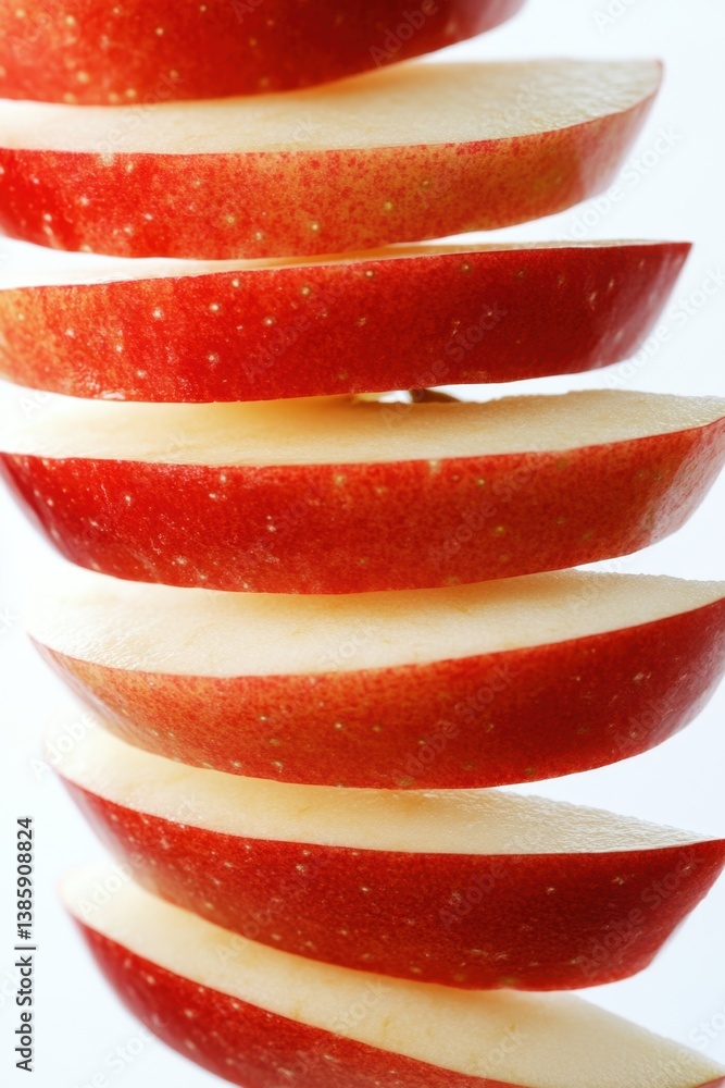 Poster stacked apple slices creating a vibrant red and white pattern against a bright background in a food 