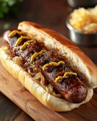 Appetizing gourmet hot dog with grilled sausage caramelized onions and mustard on wooden board