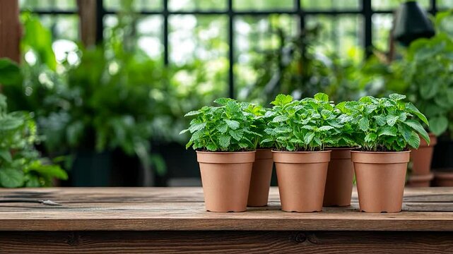 Fresh mint plants in terracotta pots arranged on a wooden table in a vibrant greenhouse