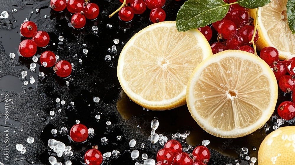 Aufkleber fresh lemon slices and red currants scattered on a dark surface with water droplets creating a refre