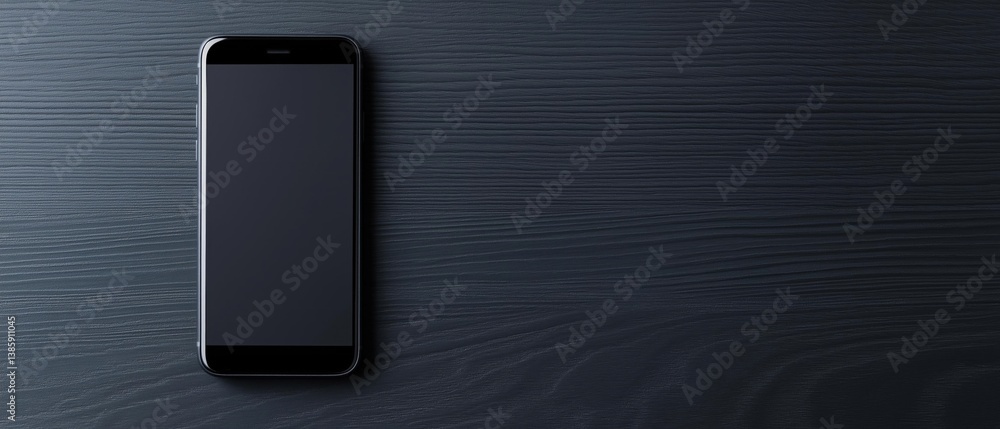 Poster black smartphone lying on a dark grey textured surface. the phone is positioned in the center of the