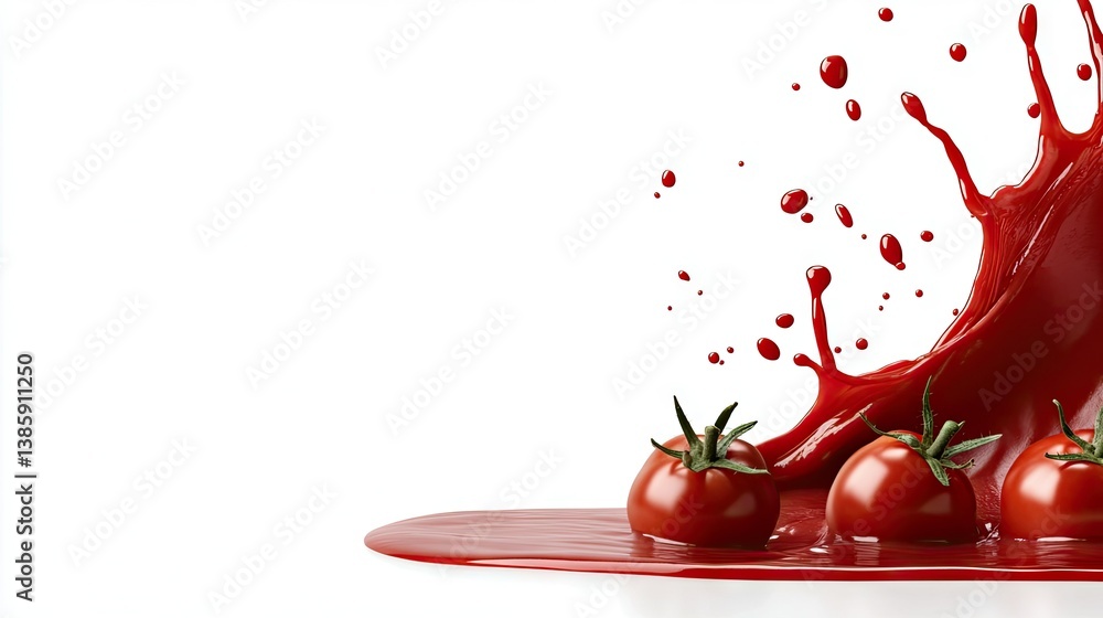 Poster fresh tomatoes explode with vibrant red juice in a dynamic splash against a white background during 