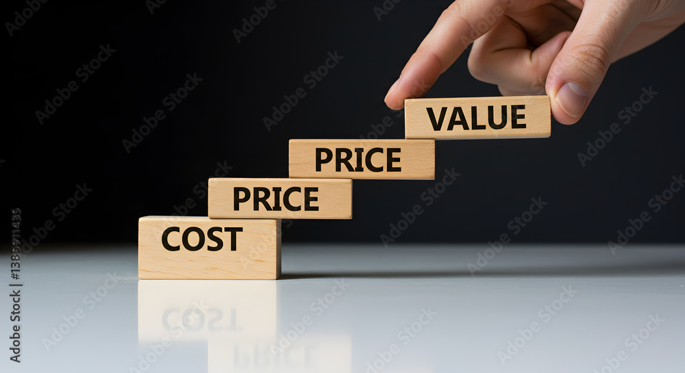 Poster conceptual wooden blocks stack depicting cost price and value on gray background