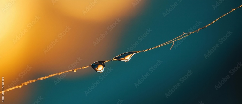 Poster close-up of a single drop of water on a thin, thin branch. the drop is in the center of the image, w