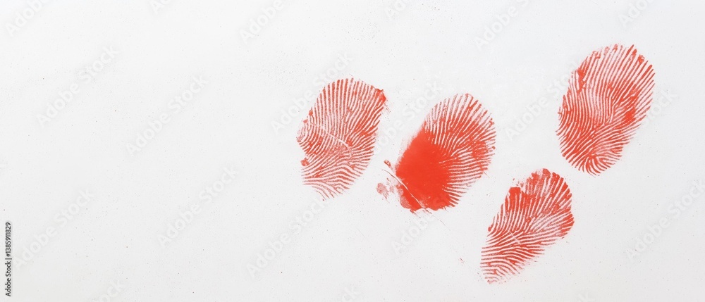 Poster four red fingerprint prints on a white background. the prints are arranged in a triangular formation