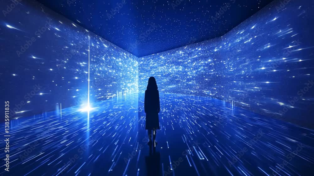 Poster person standing in an immersive digital space with blue light patterns creating a futuristic ambianc