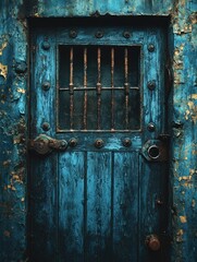 Antique Teal Wooden Door with Rusty Metal Grating