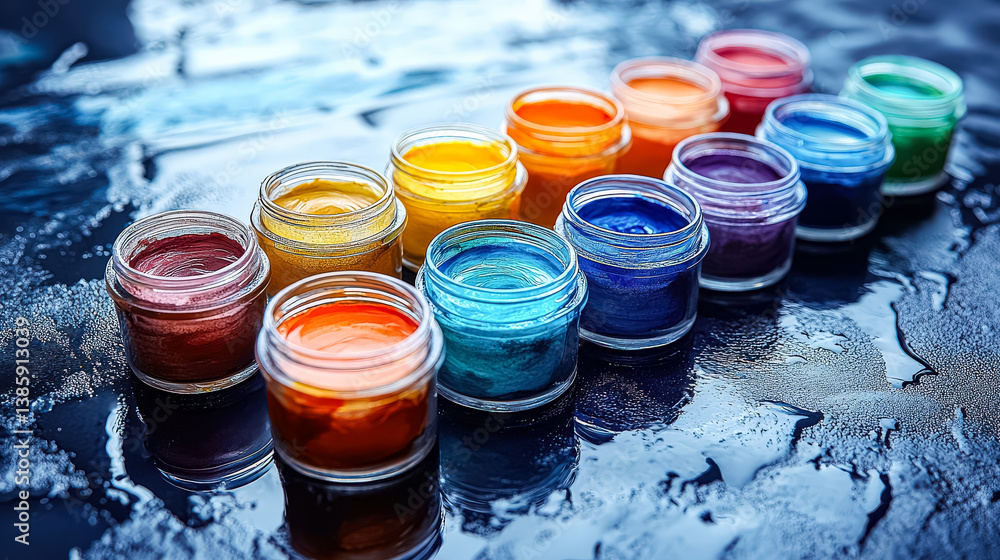Poster row of colorful paint jars are lined up on a wet surface. the jars are filled with different colors 
