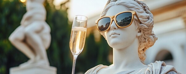 Elegant white statue with fashionable sunglasses sipping champagne outside on a sunny summer day