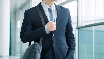 An office worker enters the company building to go to work.