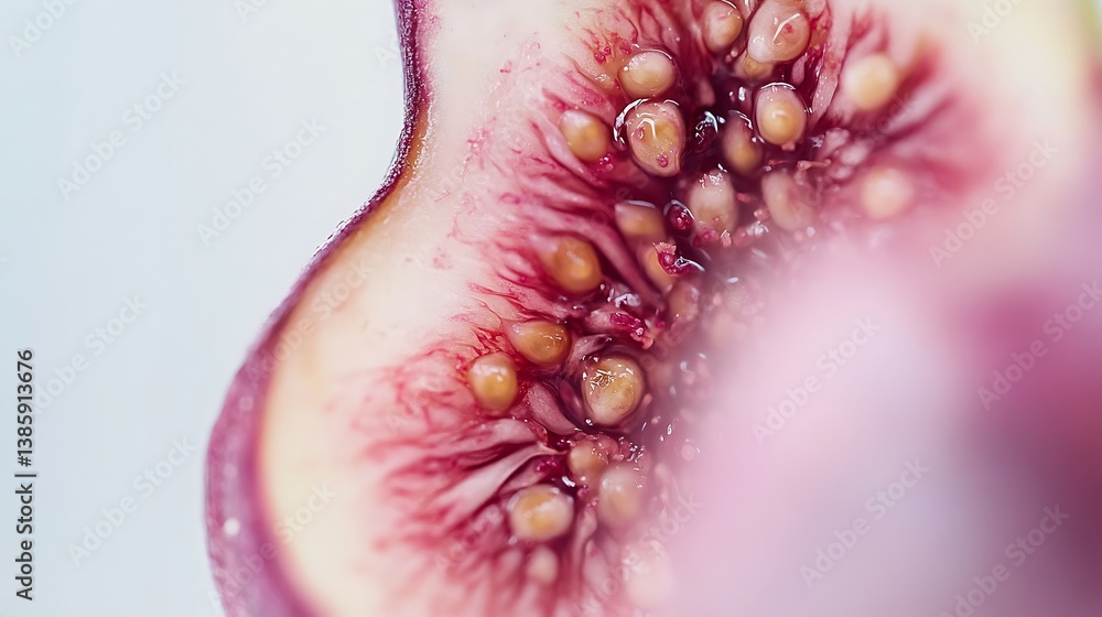 Poster close-up of a sliced open fig showcasing its intricate inner structure with pink flesh and numerous 