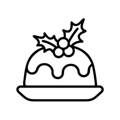 Christmas pudding vector icon illustration, holiday dessert with holly berries, outline style, xmas food