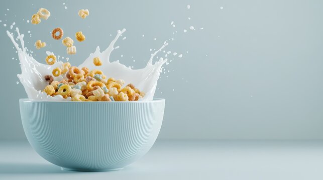 A delightful scene unfolds as colorful cereal splashes into a bowl of milk, creating a vibrant and energizing breakfast moment bathed in soft, warm lighting
