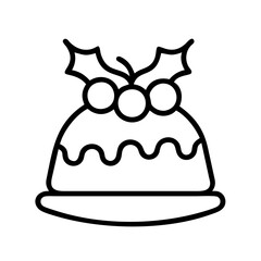 Christmas pudding vector icon illustration traditional holiday dessert with holly and berries line art 
