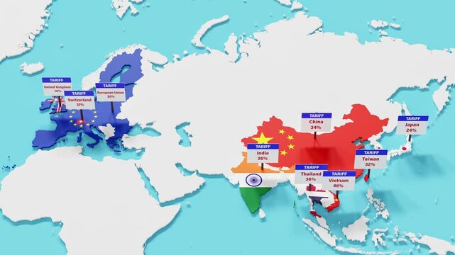 "Liberation Day" Tariffs concept. An arrow moving from the USA to several affected countries (China, EU, UK, India, Vietnam,...) and signs dropping to earth with the text "Tariffs Name percentage"