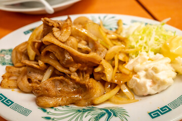 Pork fried with ginger in Japanese style in Japanese restaurant