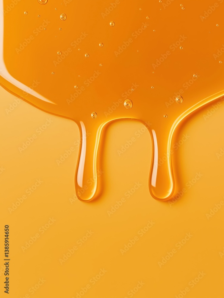 Poster close-up of a drips of orange liquid. the liquid appears to be dripping down from the top left corne