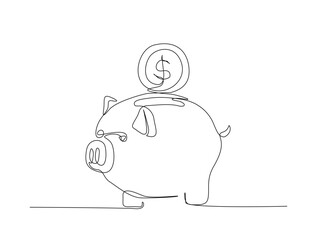 Piggy bank in single line draw illustration. Continuous one line drawing of pig saving money box. Editable stroke.