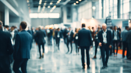 Blurred crowd of people walking inside a large convention hall with bright lights overhead view from behind