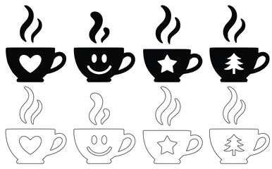 Decorative Coffee Cups With Holiday And Everyday Designs Illustration Set