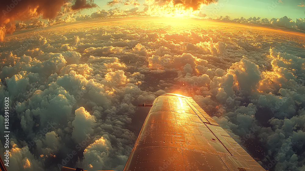 Poster plane is flying through a cloudy sky with the sun shining through the clouds. the plane is low to th