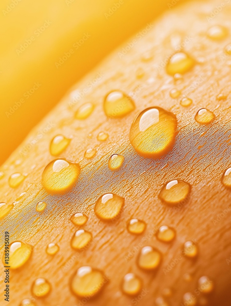 Fototapete close-up of a group of water droplets on an orange surface. the droplets are of different sizes and 