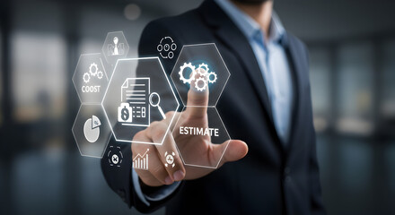 Businessman in Suit Touching Holographic Business Strategy Interface with Data and Gears Icons