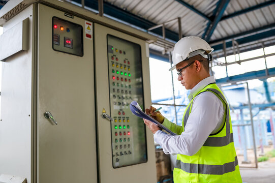A male engineer is checking the system gauge screen in front of an electrical switchboard.