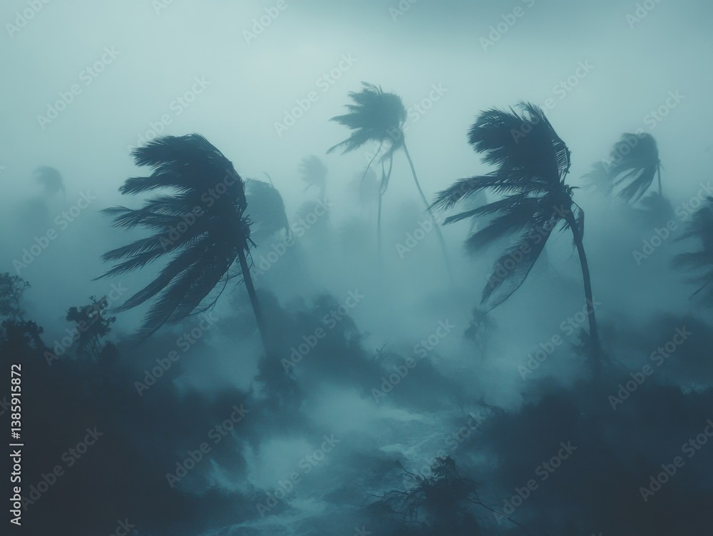 Poster eerie palm trees swaying in the wind amidst a dense foggy atmosphere creating a sense of mystery and