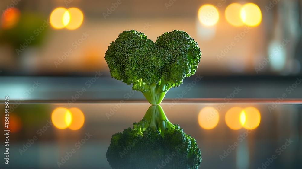 Poster close-up of fresh broccoli heart shape reflecting on a shiny surface with blurred glowing lights in 