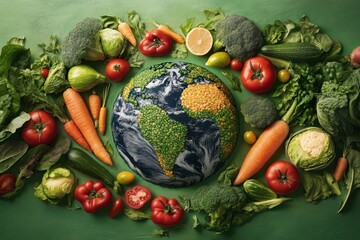 Earth made of vegetables surrounded by fresh produce on a green textured surface view from above