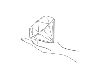 Hand holds diamond in single line draw illustration. Continuous one line drawing of diamond on hand. Editable stroke.