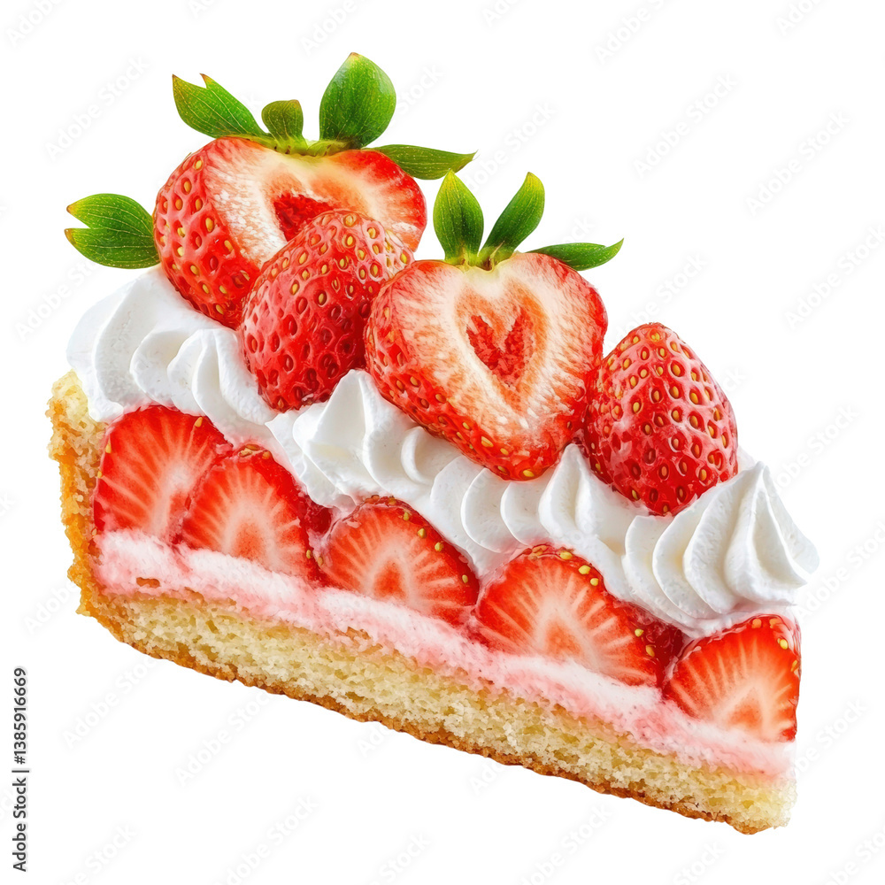 Poster delicious slice of strawberry cake topped with fresh strawberries and cream served on a plate for te
