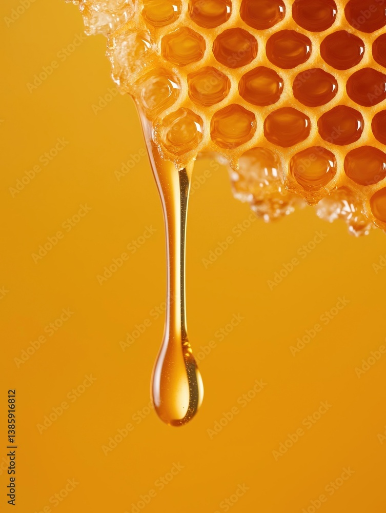Poster close-up of a honeycomb with a drop of honey dripping from it. the honeycomb is made up of hexagonal