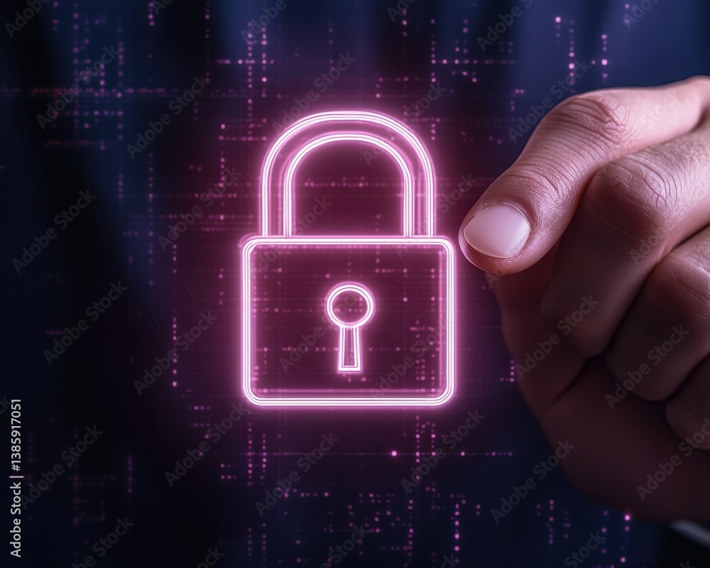 Poster a digital lock symbol overlaying a person's hand, symbolizing cybersecurity and data protection in a